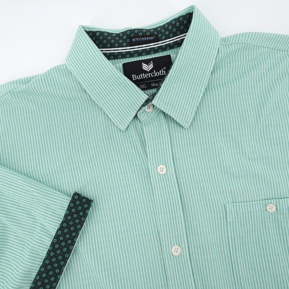 Buttercloth Icy Cotton Striped Button Down Shirt‎ Mint Green Mens 2XL XXL